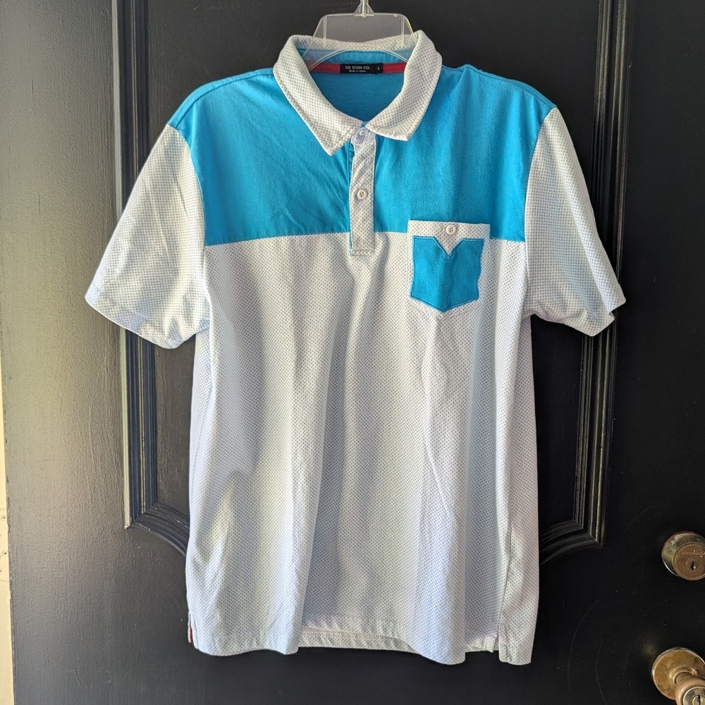 Short Sleeve Men's Polo Shirt Teal & White Colorblock Micro Dot Sz L Coastal